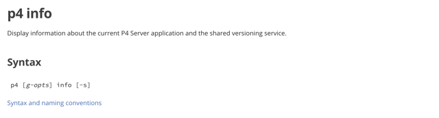 p4 info command syntax — official documentation screenshot