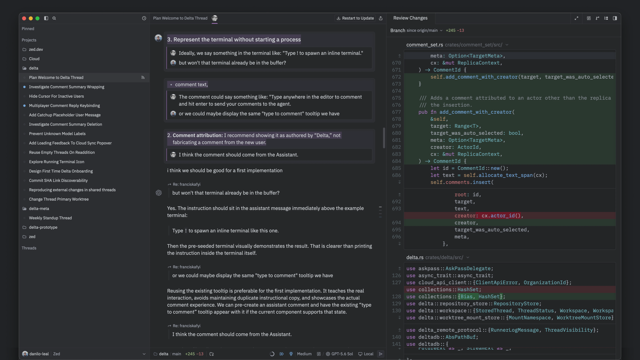 Official Delta introduction: collaborative conversation and Rust code review; version unspecified.