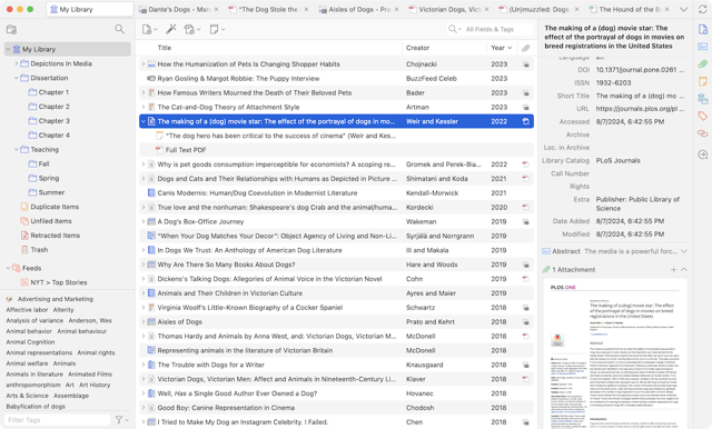 Captura de pantalla histórica oficial de Zotero7 en Mac que muestra colecciones, referencias y metadatos de elementos; no corresponde a la versión actual10.0.