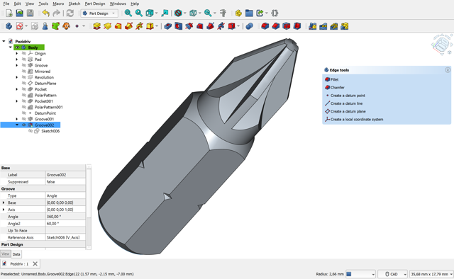 Ejemplo oficial del README: un sólido de Part Design, un árbol de operaciones editable y herramientas de aristas; no es una captura de pantalla específica de Mac.