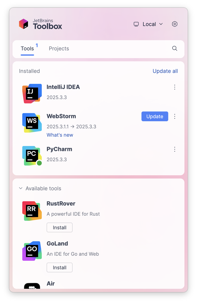Official Toolbox product-page image showing IDE management; illustrative versions and platform not identified.