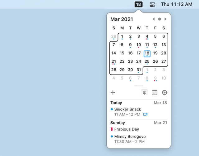 Exemplo oficial do calendário e do painel pop-up de eventos do Itsycal com dados de amostra de março de 2021.
