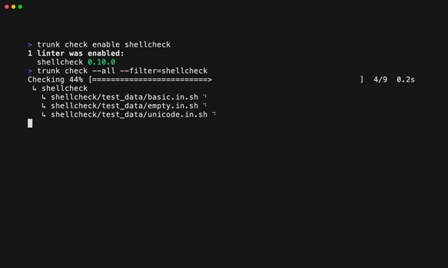 Trunk CLI running ShellCheck — frame from the official terminal demonstration