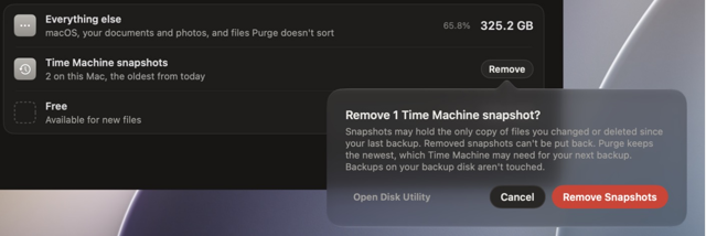 Официальный фрагмент подтверждения удаления снимков macOS; версия не указана