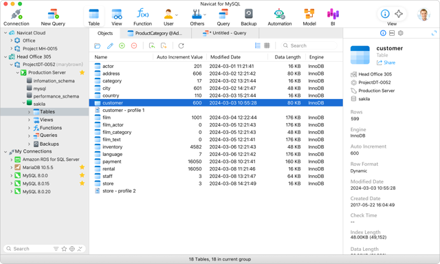 Navicat for MySQL para Mac — exemplo oficial da interface principal