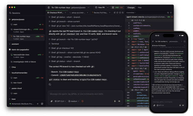 Official Mac chat-and-diff promotional composite with an iPhone overlay; exact UI build unspecified.