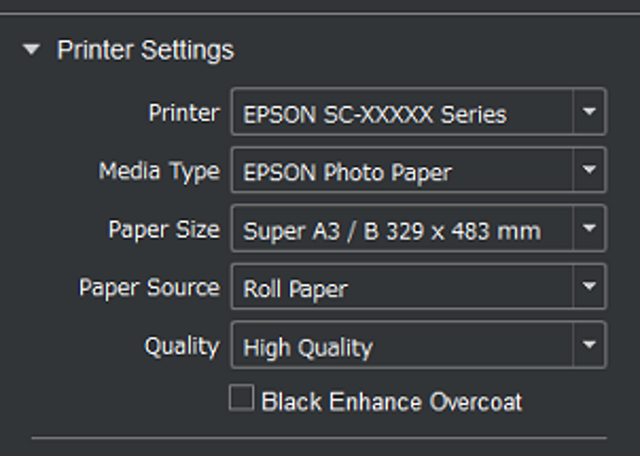 Epson Print Layout printer settings: historical official Mac/Windows shared guide panel; sample printer