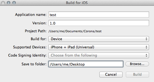 Build for iOS dialog on Mac — historical Corona interface example from official documentation