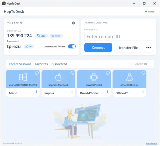HopToDesk 在 Windows 上的远程连接控制与最近会话界面。
