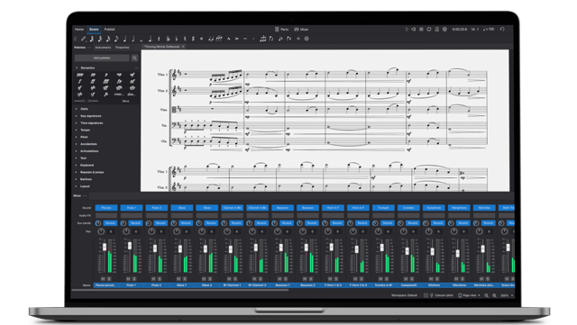 Official MuseScore Studio MacBook composition showing notation and the mixer; exact build unspecified.