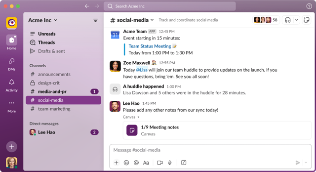 Macダウンロードページの公式例です。チャンネル、huddle、ミーティングノートを扱っています。説明用であり、a4.52.178のキャプチャではありません。