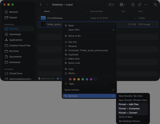 Picmal compression and conversion Quick Actions in Finder.