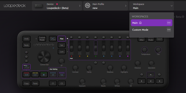 Menú oficial de espacios de trabajo de Loupedeck 5.4 para Loupedeck+. Sistema no indicado.