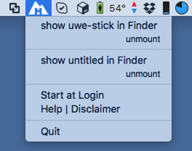 Historical official Mac menu example with Finder and unmount actions; exact version unspecified, not a 2.4 capture.