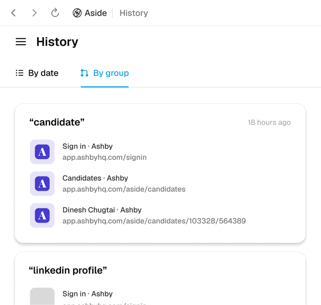Official Aside website illustration showing grouped browsing history; not a version-specific screenshot.