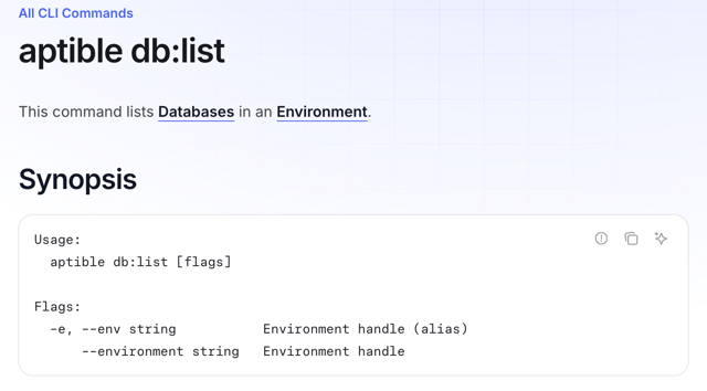 Database listing command and flags — official documentation screenshot