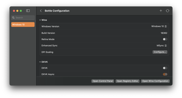 Historical official Mac bottle-configuration example; not a fresh 2.3.5 capture or proof of current game compatibility.