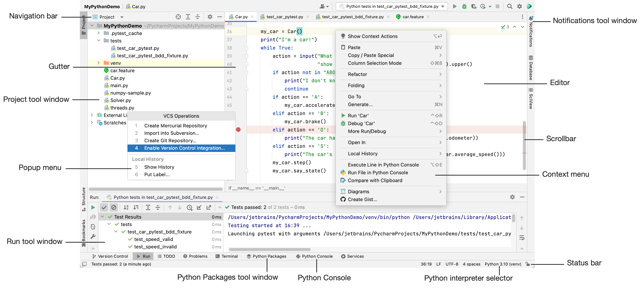 Official Mac documentation diagram of PyCharm editor, tests and tool windows; historical UI, not this exact build.