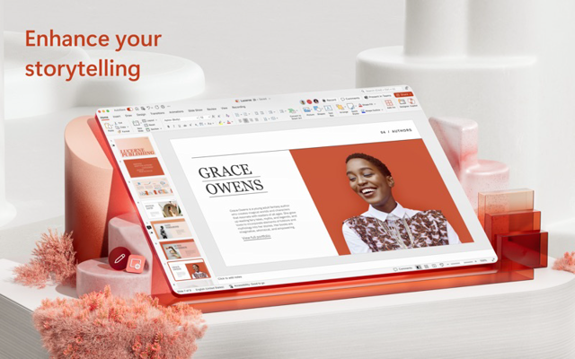 Official Microsoft Mac App Store promotional image showing PowerPoint slide editing; not a specific build capture.