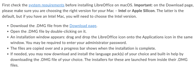 Установка в macOS и установка языковых пакетов — снимок официальной документации