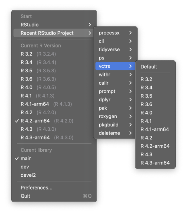 rig Mac 菜单栏中的 R 版本与 RStudio 项目选择（官方示例）