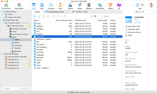 Navicat for MariaDB for Mac — official main interface example
