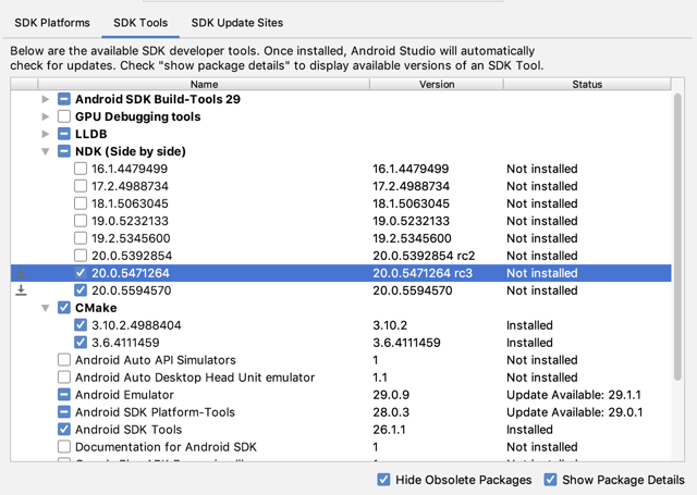 Official Android Studio SDK Manager screenshot of NDK version selection; the NDK itself has no GUI.
