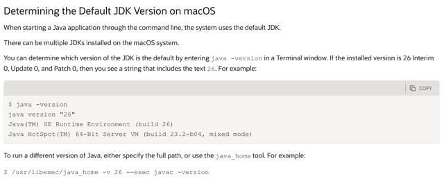 macOS 上检查和选择 JDK（官方操作文档截图，JDK 26 示例）