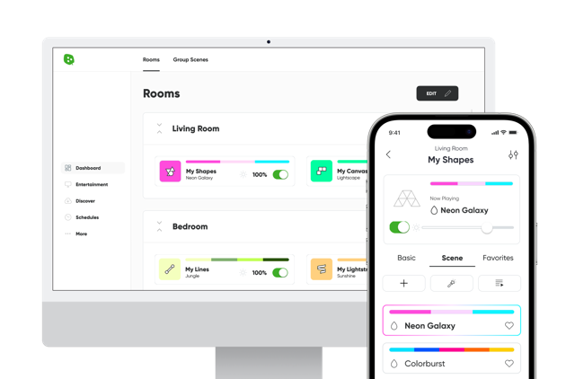 Desktop room controls alongside mobile controls — official Nanoleaf product interface illustration