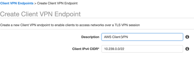 Configuración oficial histórica de un punto de enlace de Client VPN en la consola de AWS; flujo de trabajo del administrador, no la ventana del cliente VPN.