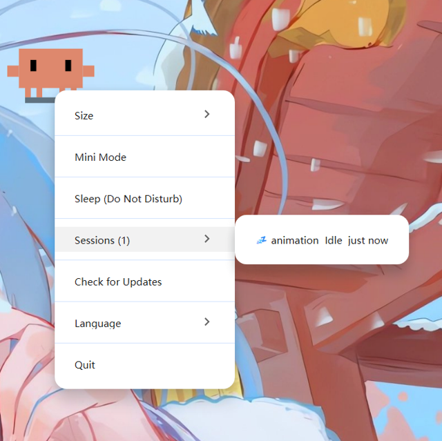 Official desktop-pet context menu and session submenu; operating system not identified