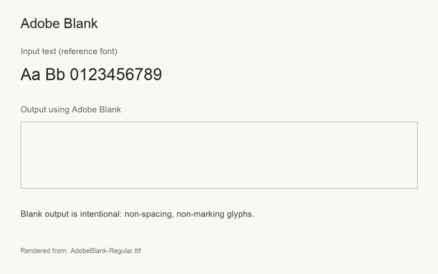 Adobe Blank の見本。幅も描画もないグリフのため、意図的に空白になります。