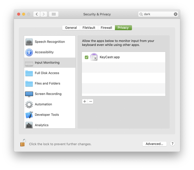 Official historical macOS Input Monitoring setup example for KeyCastr; current System Settings layout differs.